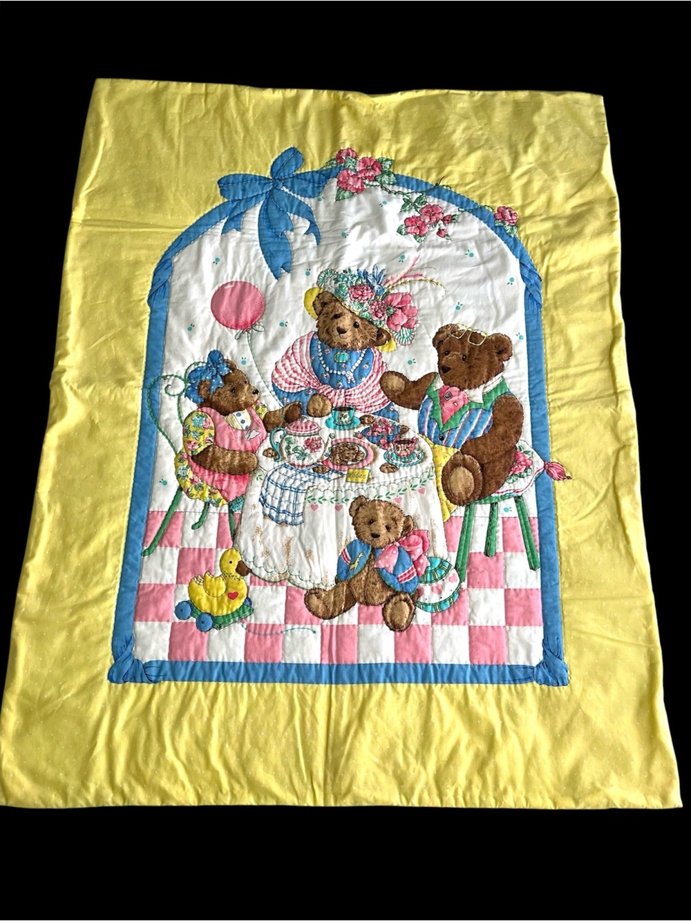 Vintage Cranston Teddy Bear Tea Party Baby Quilt Reversible 42x32